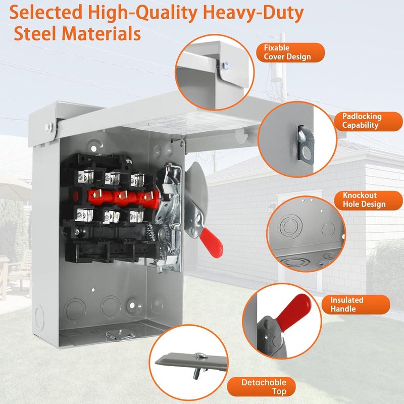 Sukubiui 30 Amp Disconnect Switch Box, 3 Pole 120V/240V Safety Switch, Non-Fusible NEMA 3R Rated, Heavy Duty Steel, for Indoor/Outdoor Use - Image 3